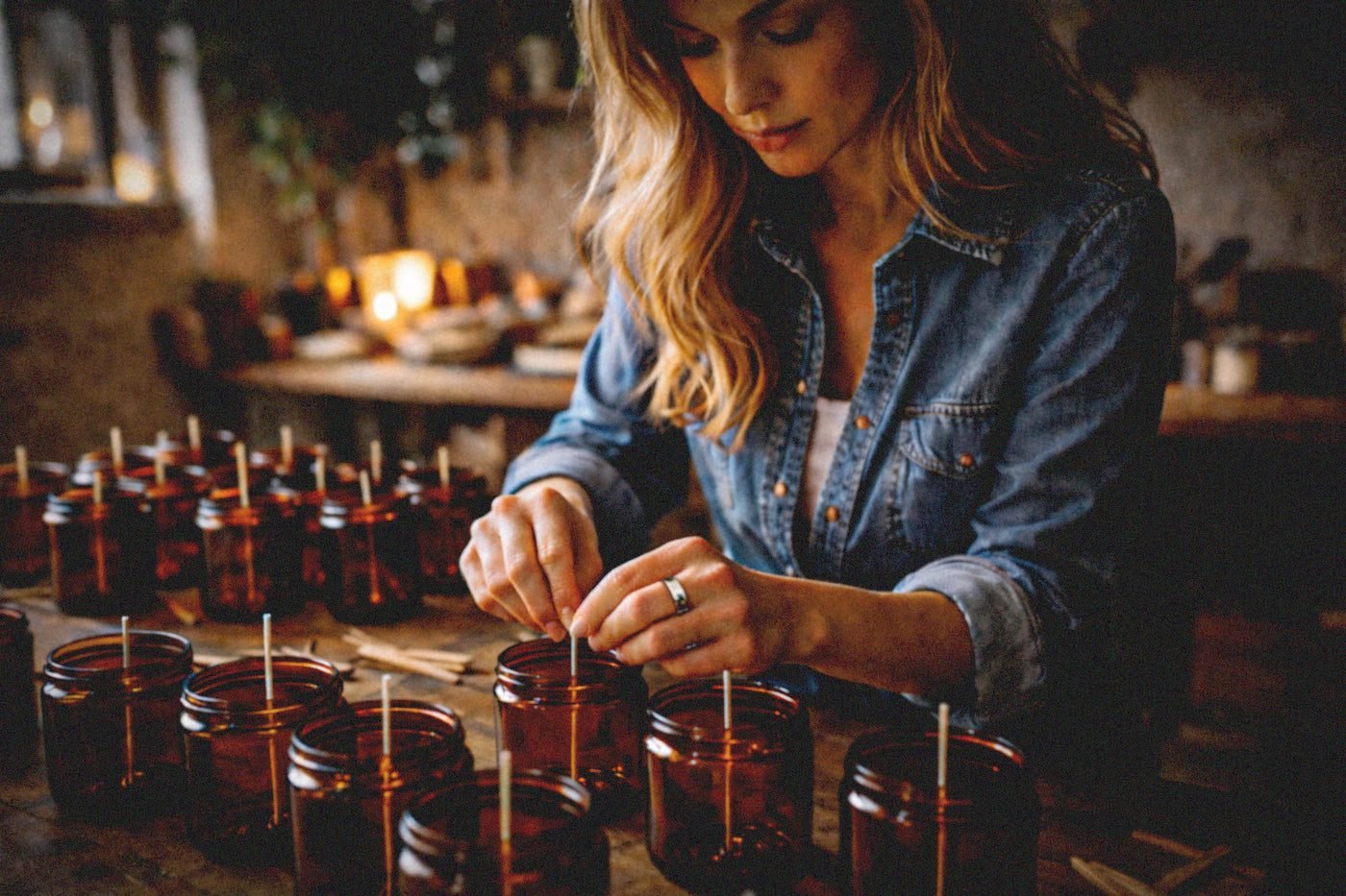 A maker at work in the Six Figure Wick studio