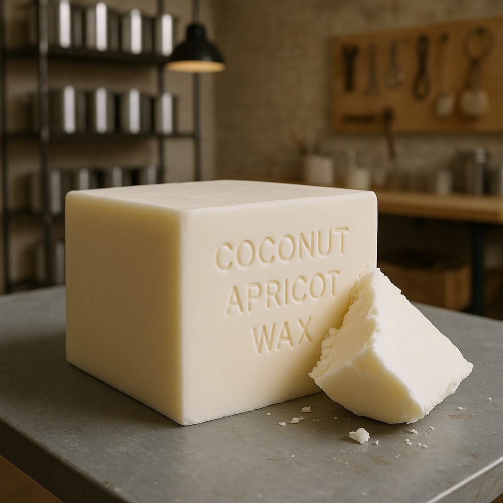 A coconut apricot luxury candle with a smooth creamy top