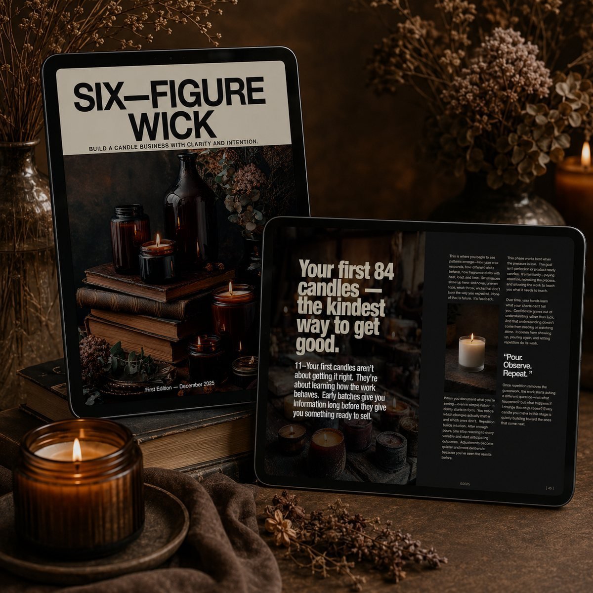 The Six Figure Wick ebook shown on tablets, cover and inside spread