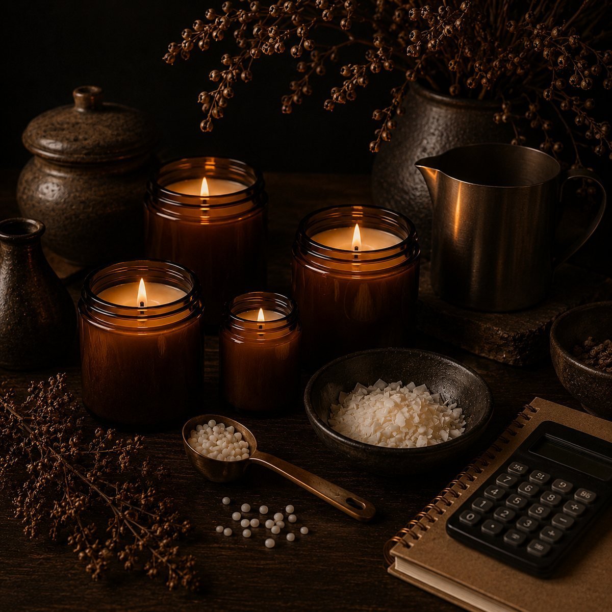 Amber jar candles beside wax flakes, a notebook, and a calculator